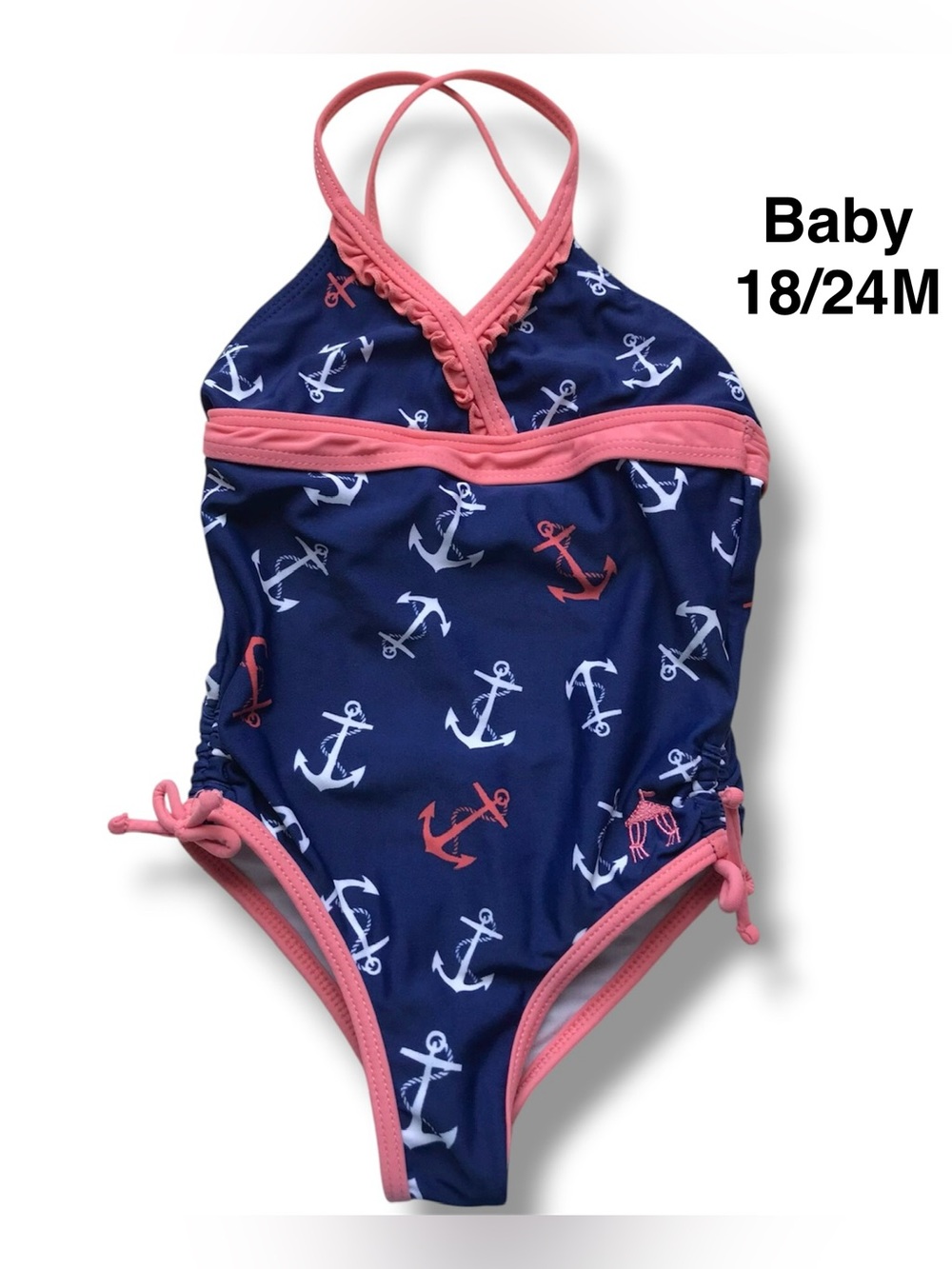 Nautical Navy and Coral Baby Girl One Piece Swimsuit Size 18-24 months